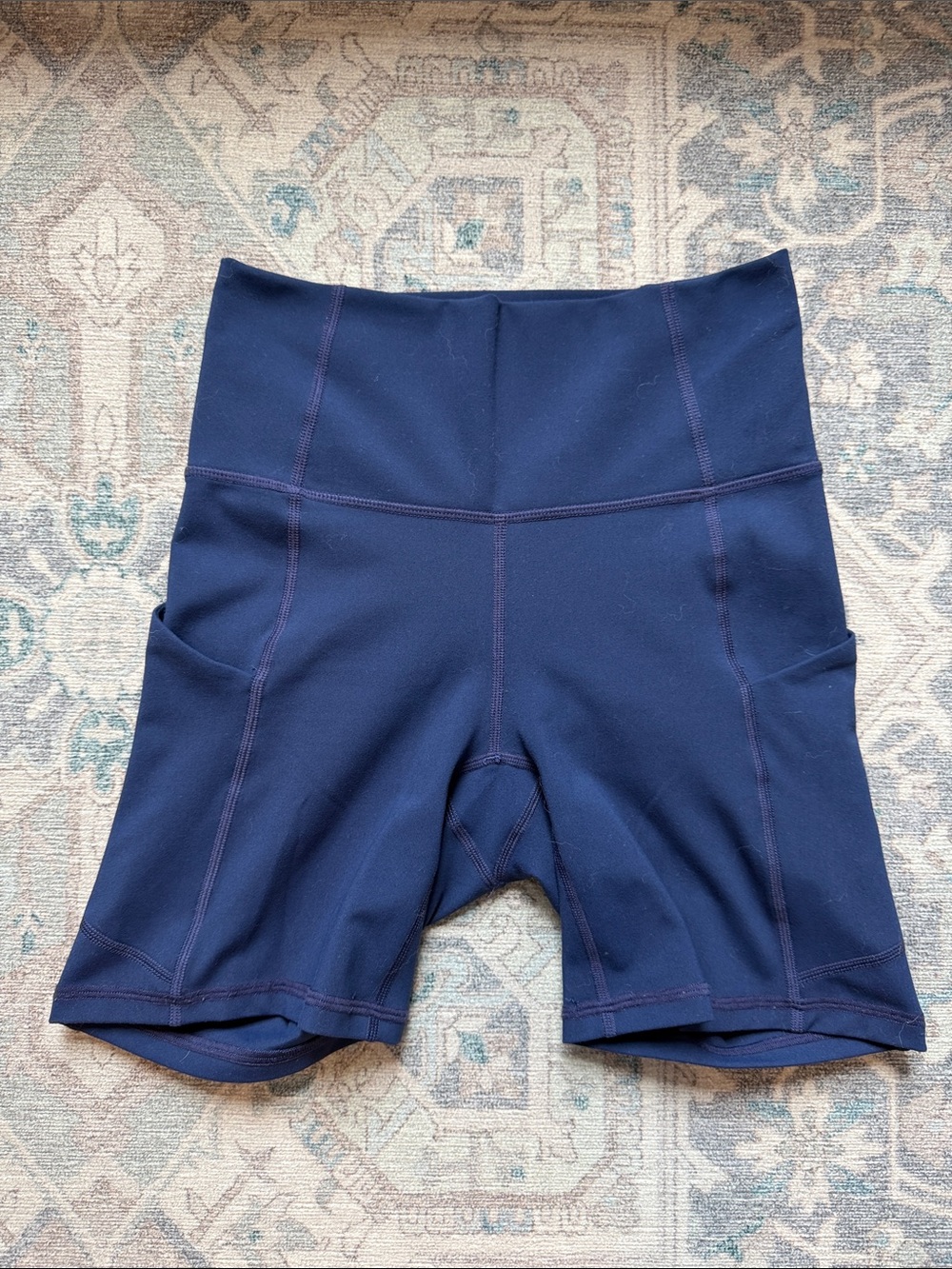 Fabletics High-Waist Navy Women’s Athletic Shorts with Side Pockets